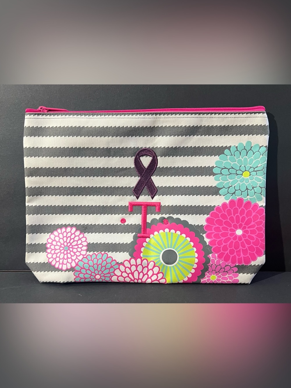thirty-one Gray Wave w/ Bubble Bloom Floral Travel Pouch - Personalized NWOT